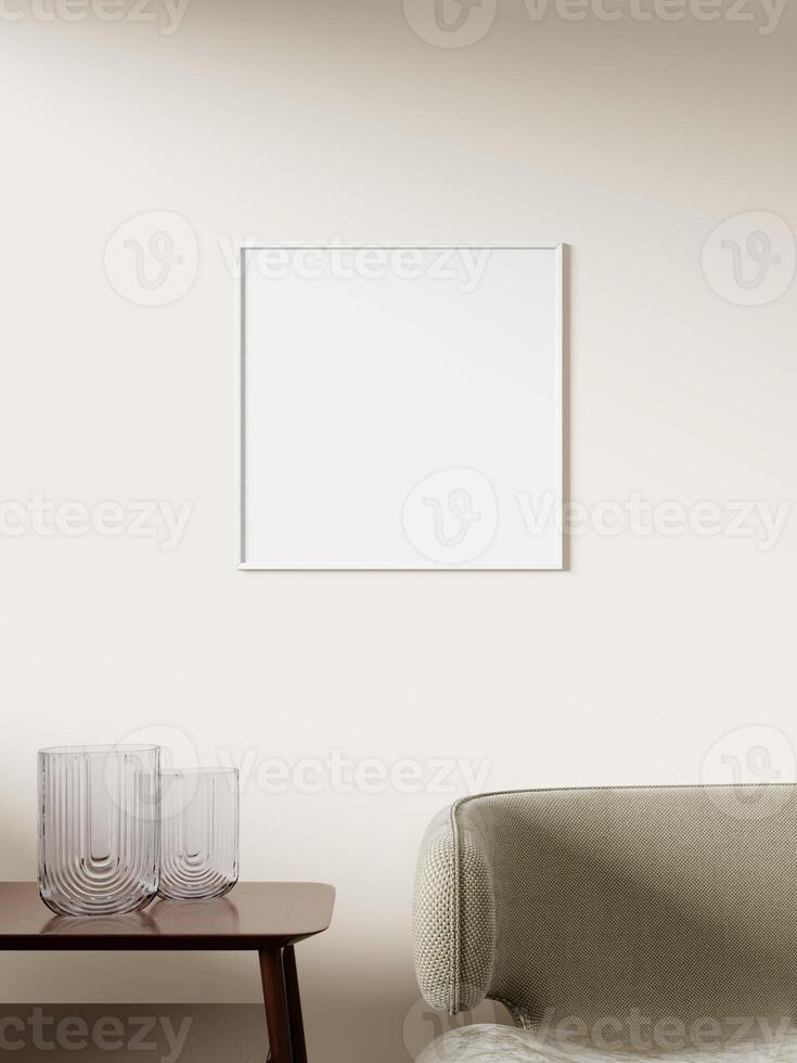 Empty framed canvas for mockups and art illustrations on interior background photo