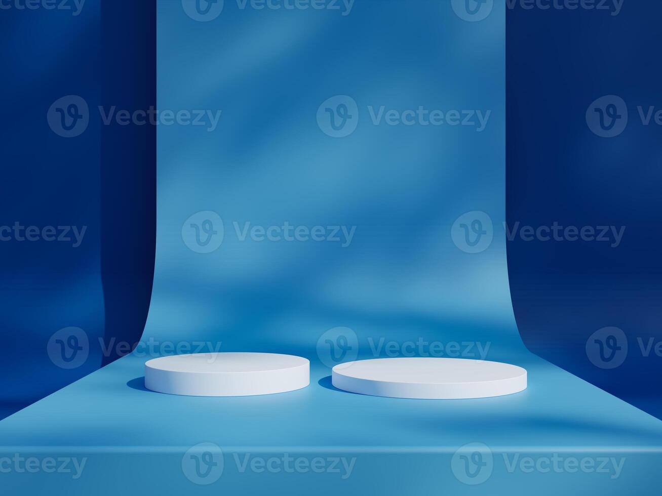 Blue podium mockup. 3d display stand, platform, pedestal, stage or scene with leaves shadows background. Studio, showroom or showcase cylinder podium, product presentation stand photo