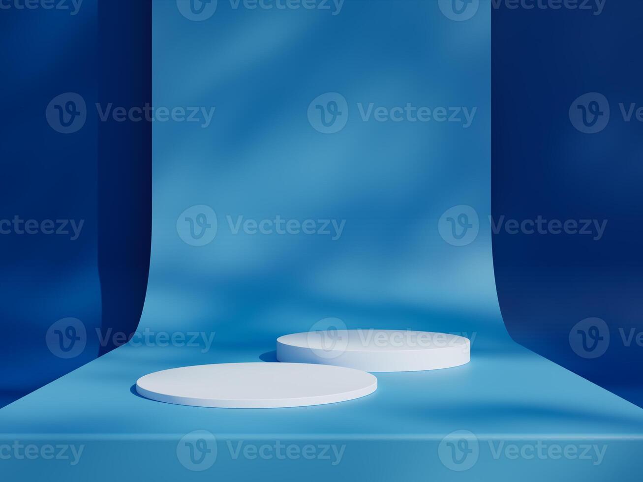 Blue podium mockup. 3d display stand, platform, pedestal, stage or scene with leaves shadows background. Studio, showroom or showcase cylinder podium, product presentation stand photo
