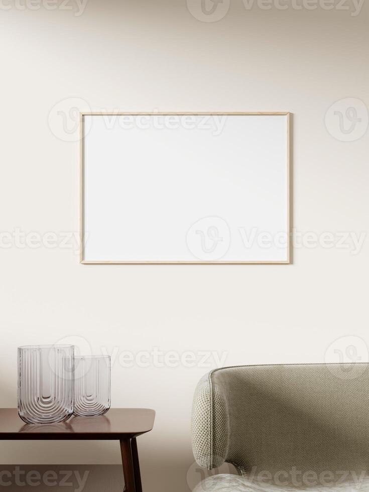 Empty framed canvas for mockups and art illustrations on interior background photo