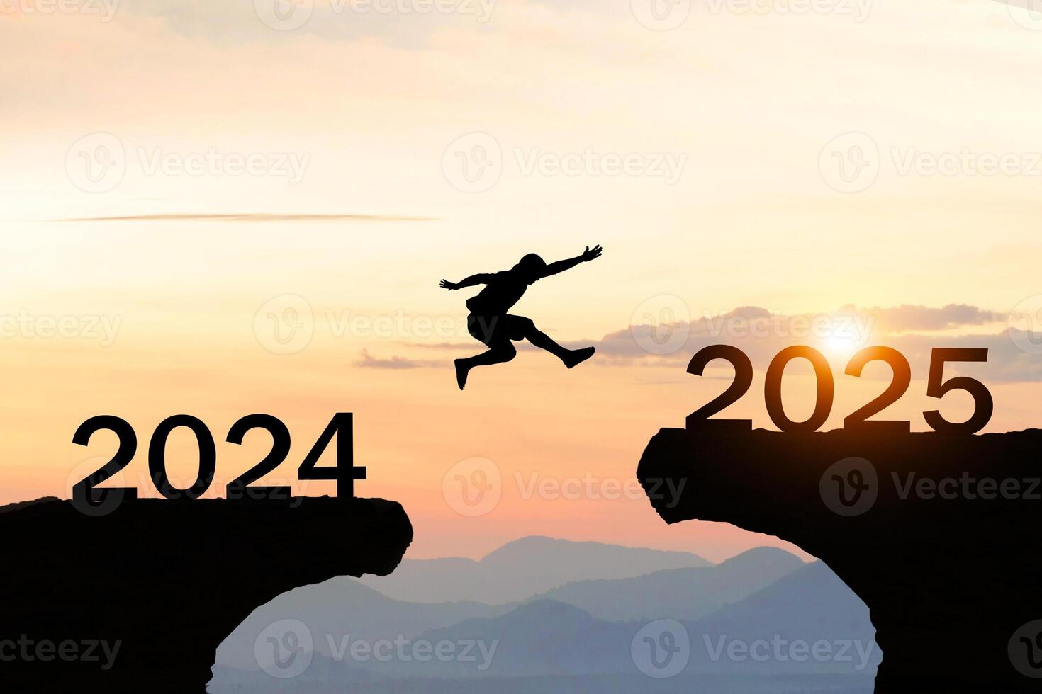 Silhouette Happy New Year 2025 People Jumping Over Cliffs photo