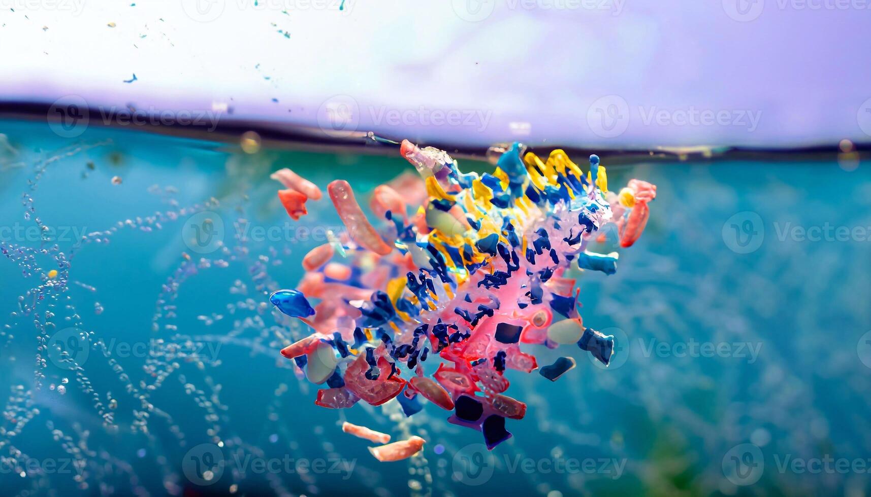 macro photo of microplastic floating in the ocean