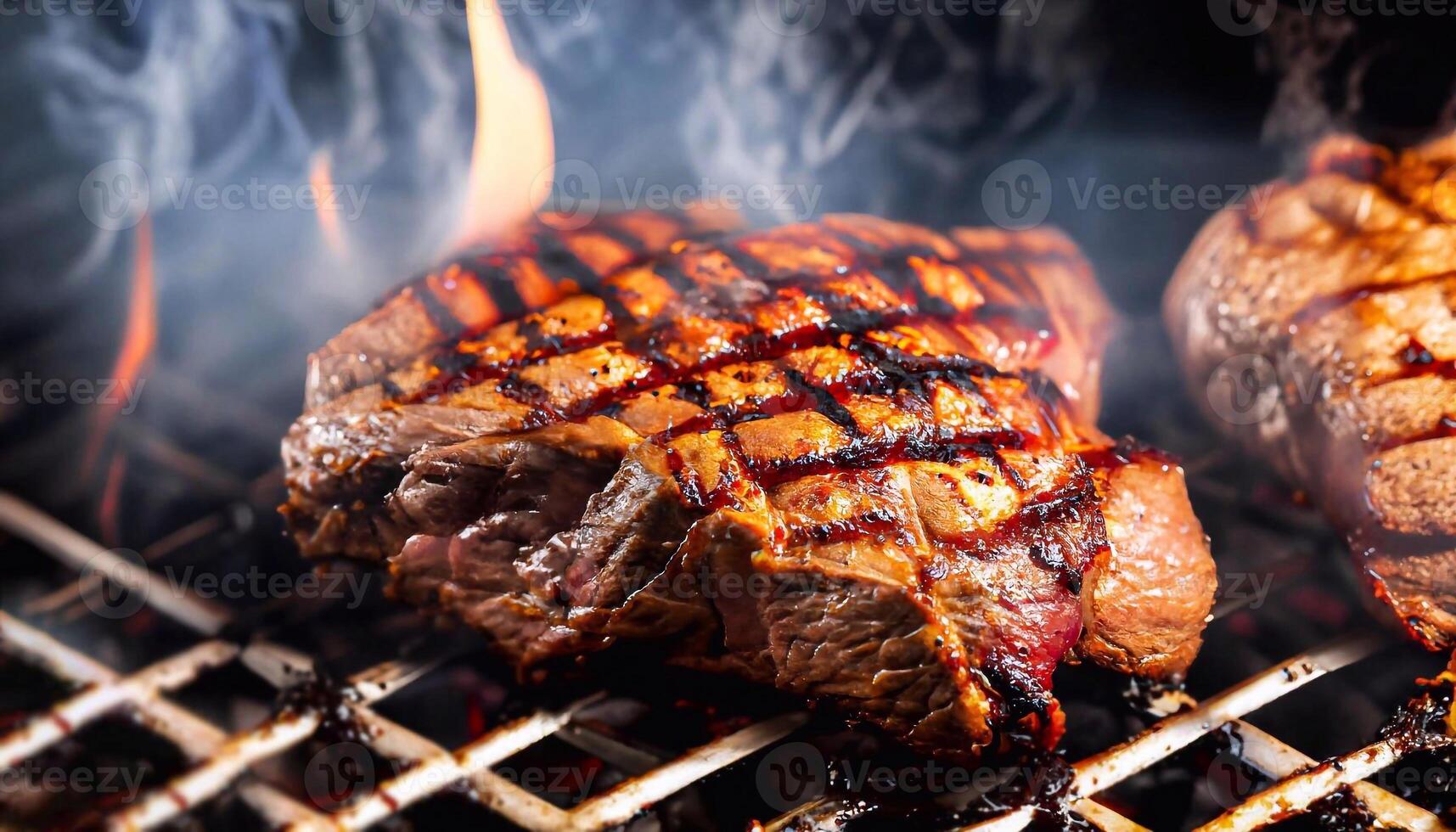 macro shot of grilled lamb with light smoke and glowing coals photo