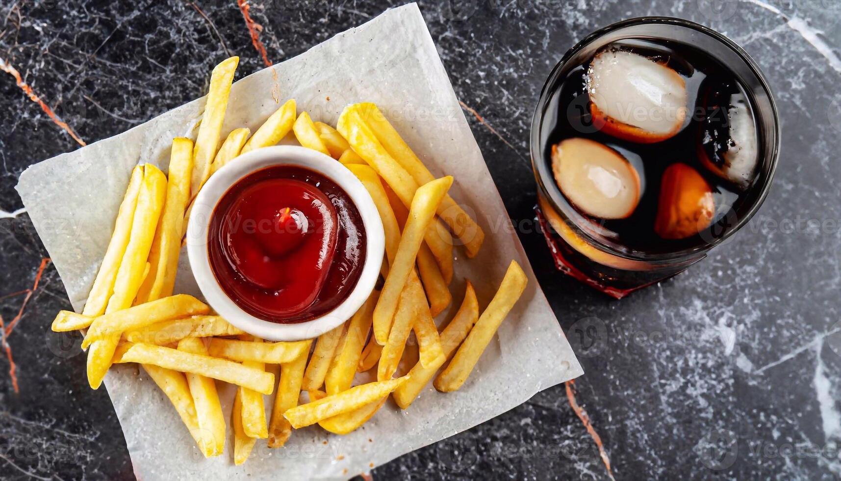 macro shot of french fries on black marble with ketchup and a glass of Coca-Cola with ice photo