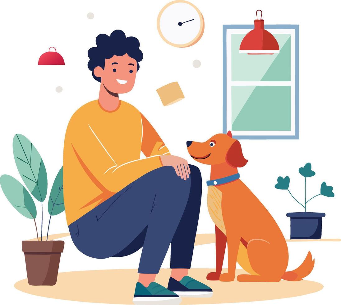 A man and his dog sitting on the floor, sharing a joyful and relaxed moment vector