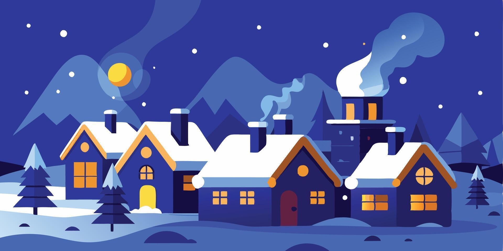 Winter village scene with house and the moon in the background. vector