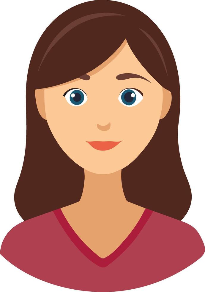 A woman profile avatar icon with brown hair and a red shirt with a white background. vector