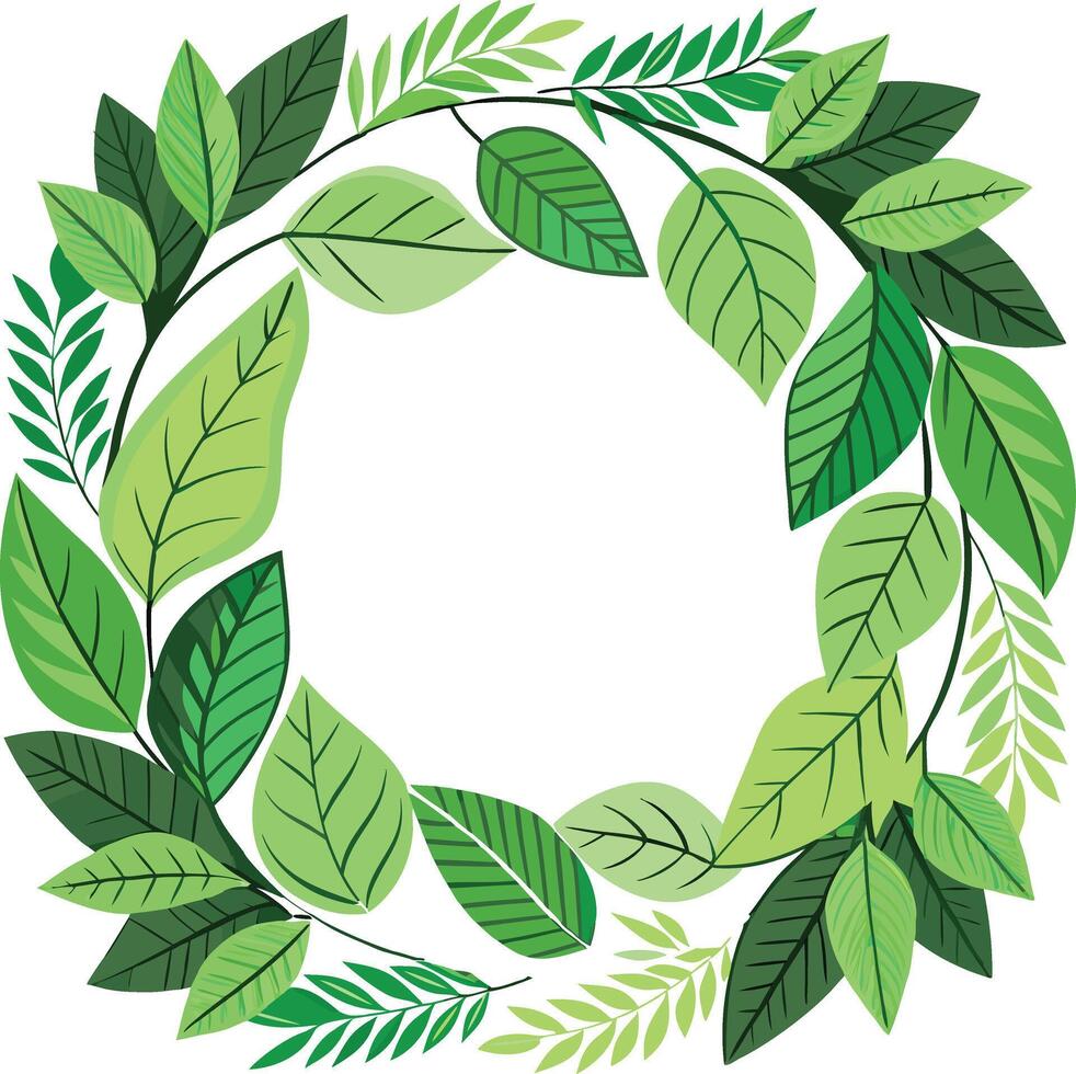 Green circular frame decorated with leaves in a flat design style vector