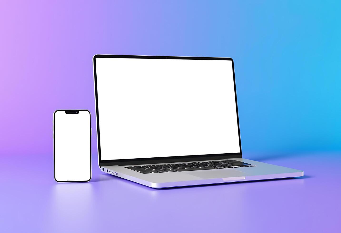 3d rendering of laptop in the air over purple stage, blue colored screen, horizontal position photo