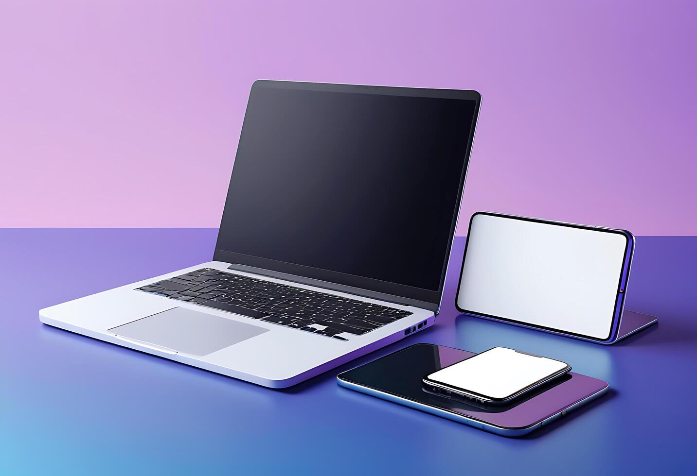 3d rendering of laptop in the air over purple stage, blue colored screen, horizontal position photo
