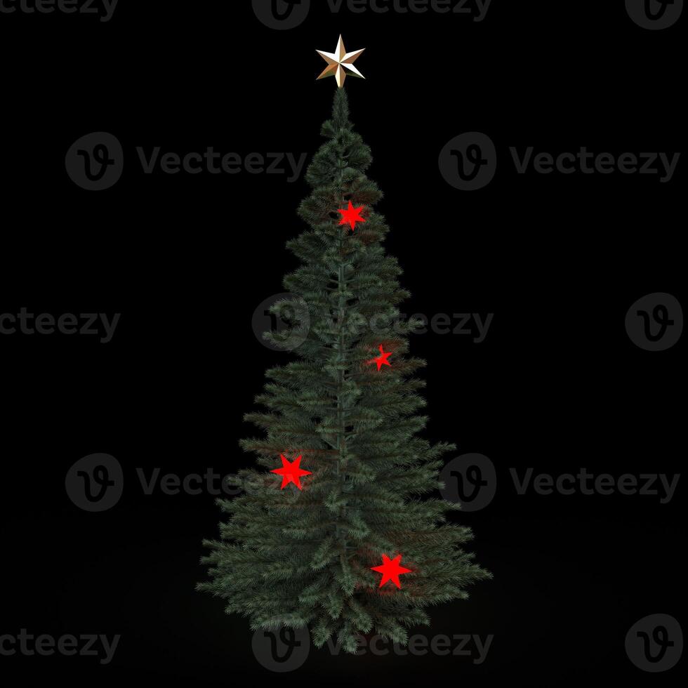 Christmas tree decorated with red stars and golden star topper on black background photo