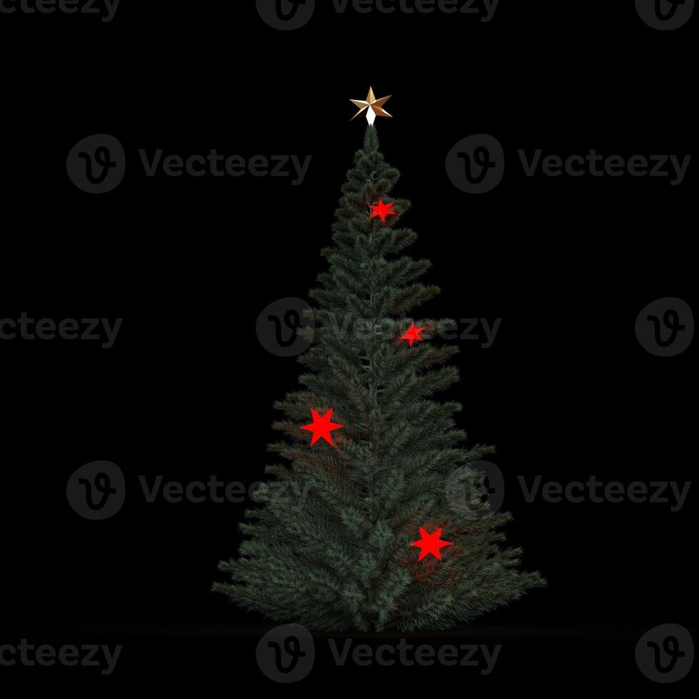 Christmas tree decorated with red stars and golden star topper on black background photo