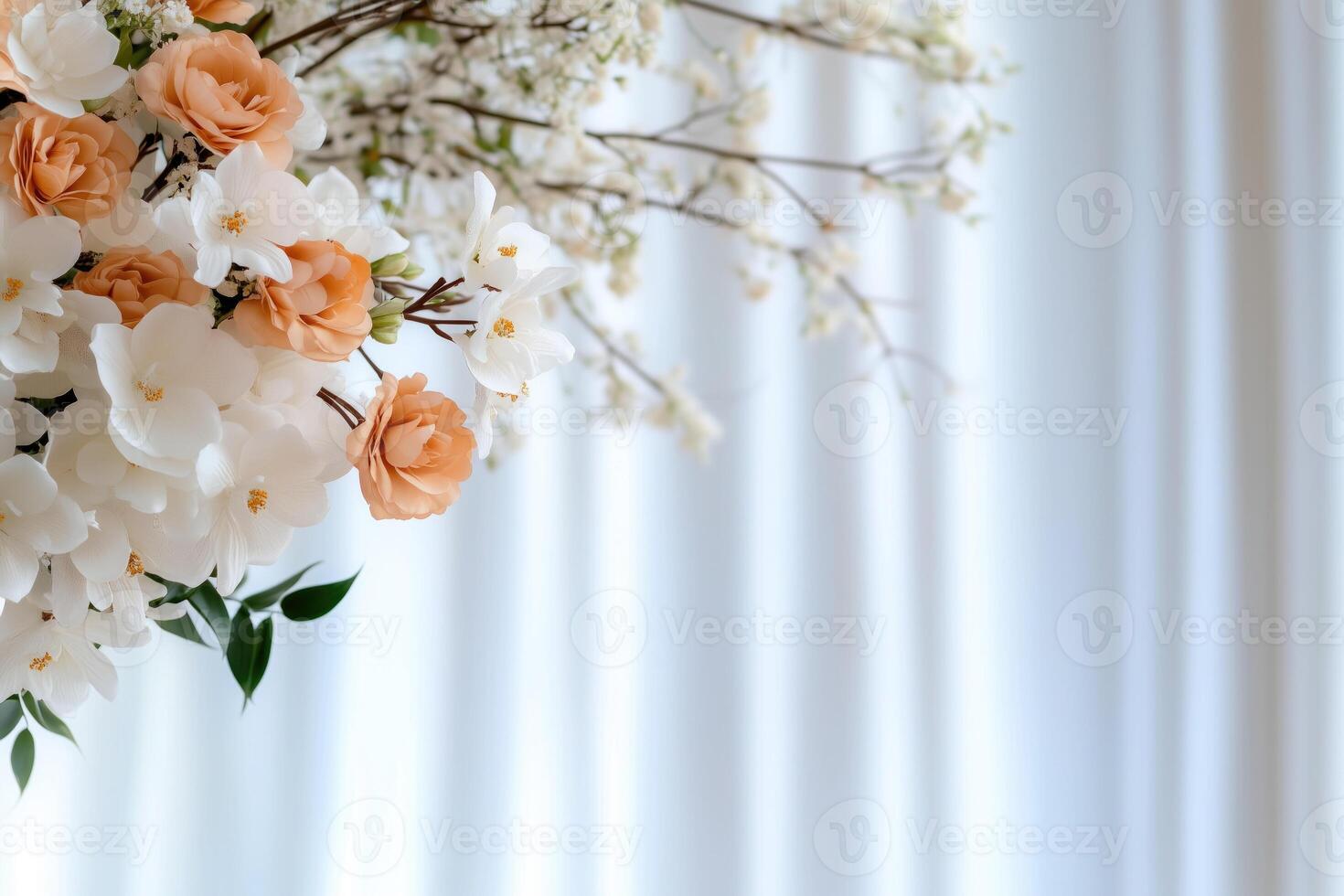 blurred festive backdrop with wedding bouquet and copy space photo