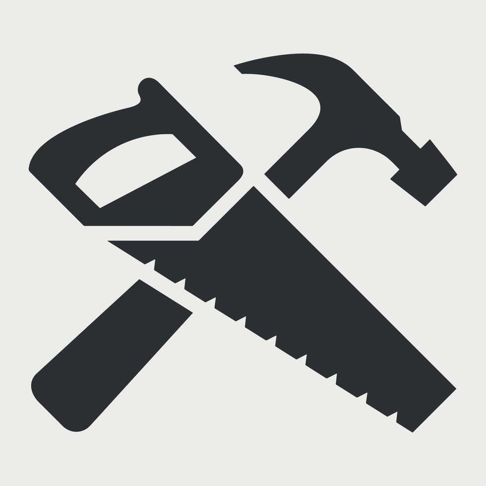 icon of crossed hammer and saw isolated on white background vector