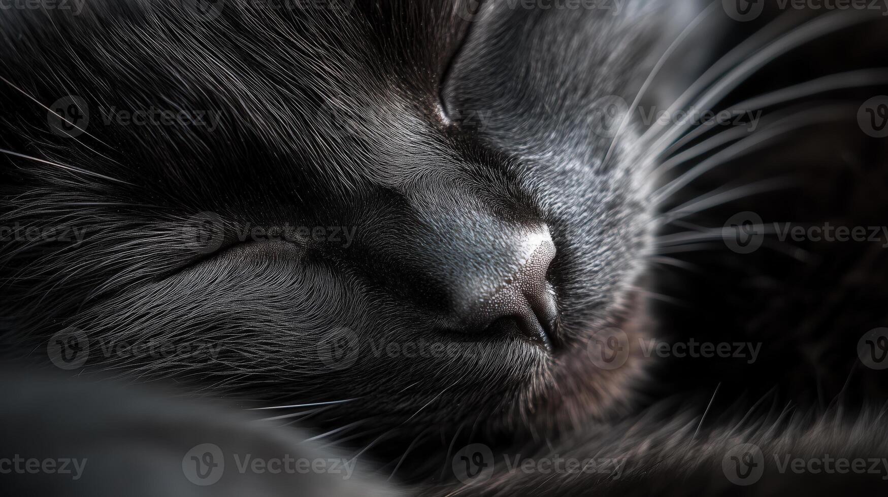 Close-up of a black cat sleeping peacefully showcases soft fur and whiskers in serene setting photo