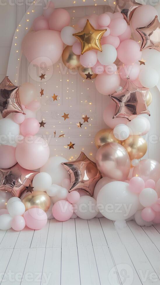 Pink and white balloons with metallic gold accents, festive party or wedding backdrop decoration photo