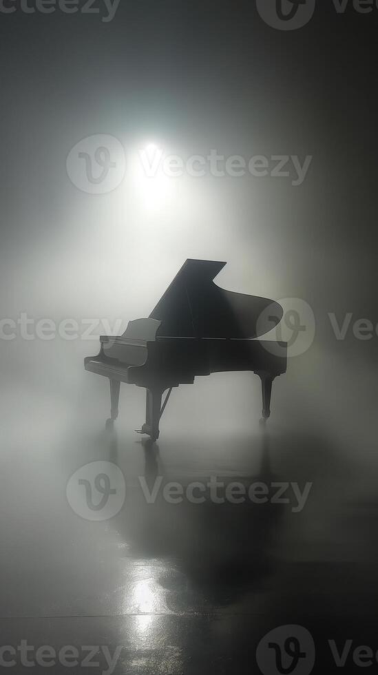 Grand piano in foggy spotlight on smoky stage, creating a dramatic and theatrical musical atmosphere photo