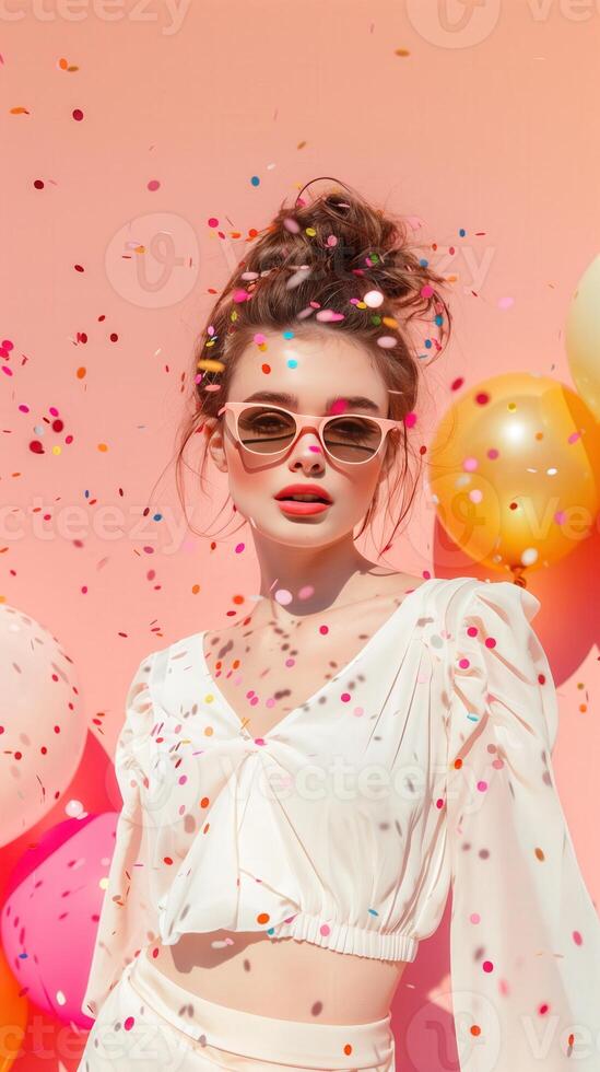 Portrait of young woman with sunglasses, surrounded by balloons and confetti on pink background photo