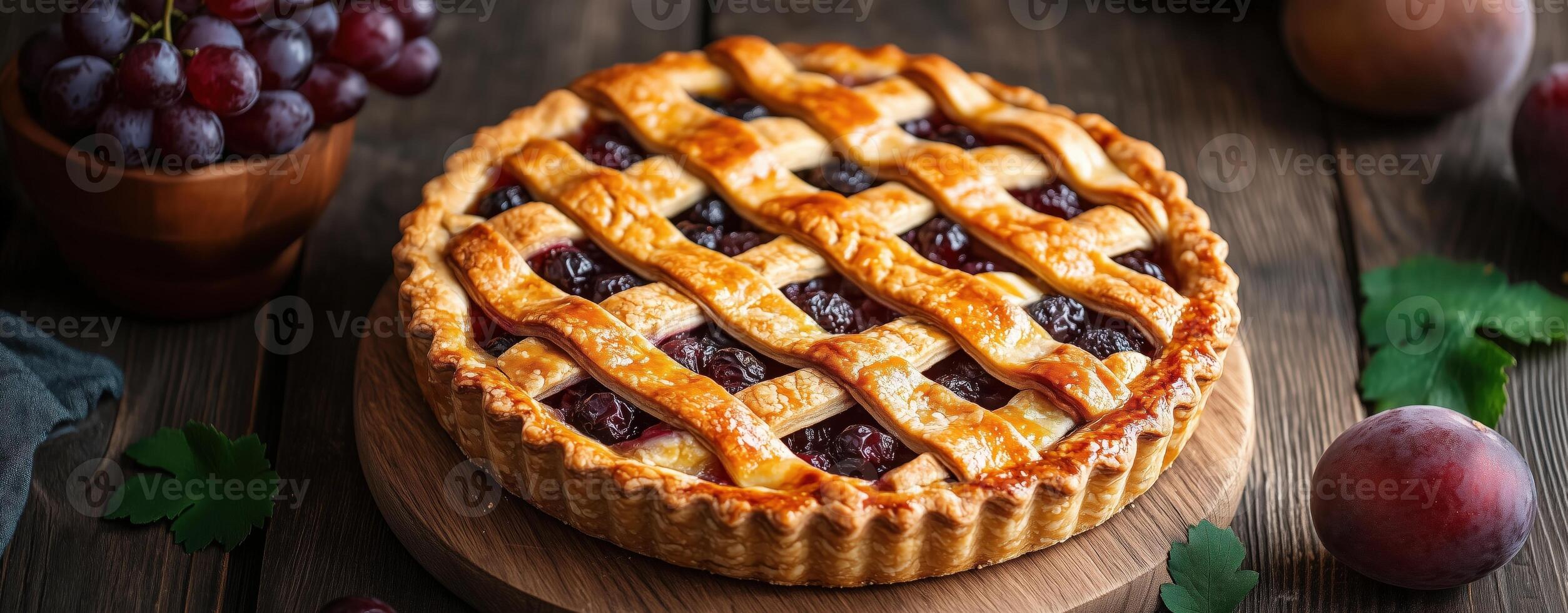 Homemade grape pie with golden lattice crust on table, food blogs, magazines, and bakery ads photo