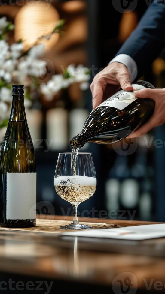 Hand pouring sparkling wine into a glass, capturing an elegant celebration and sense of luxury photo