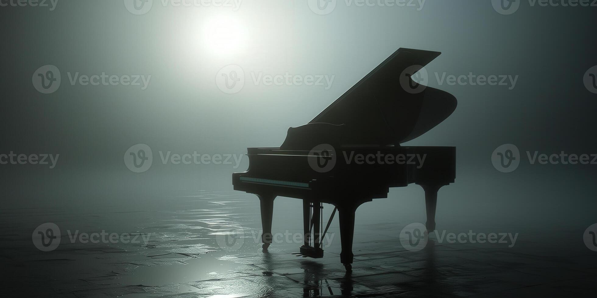 Grand piano in foggy spotlight on smoky stage, creating a dramatic and theatrical musical atmosphere photo