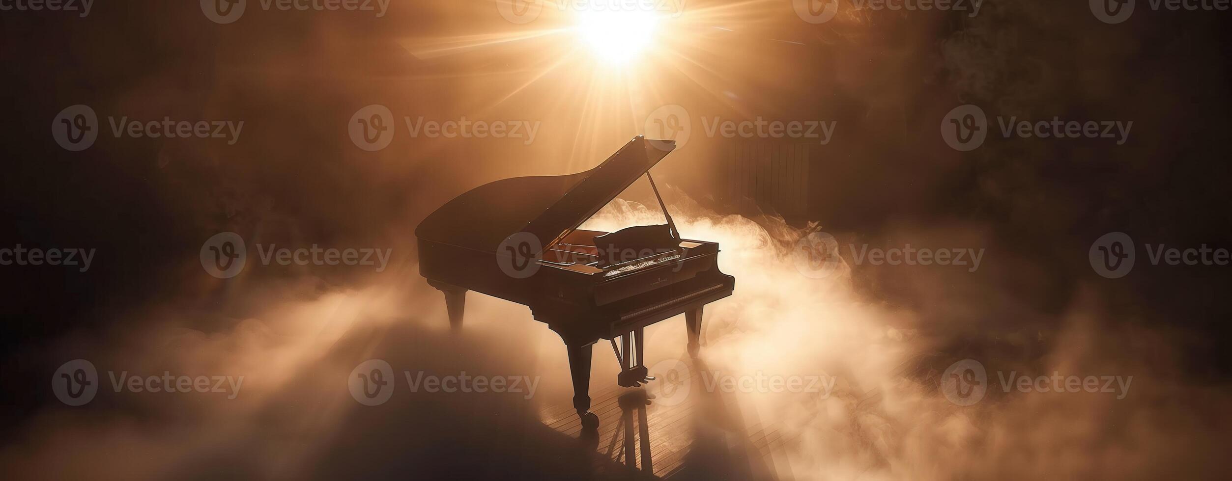 Grand piano in foggy spotlight on smoky stage, creating a dramatic and theatrical musical atmosphere photo