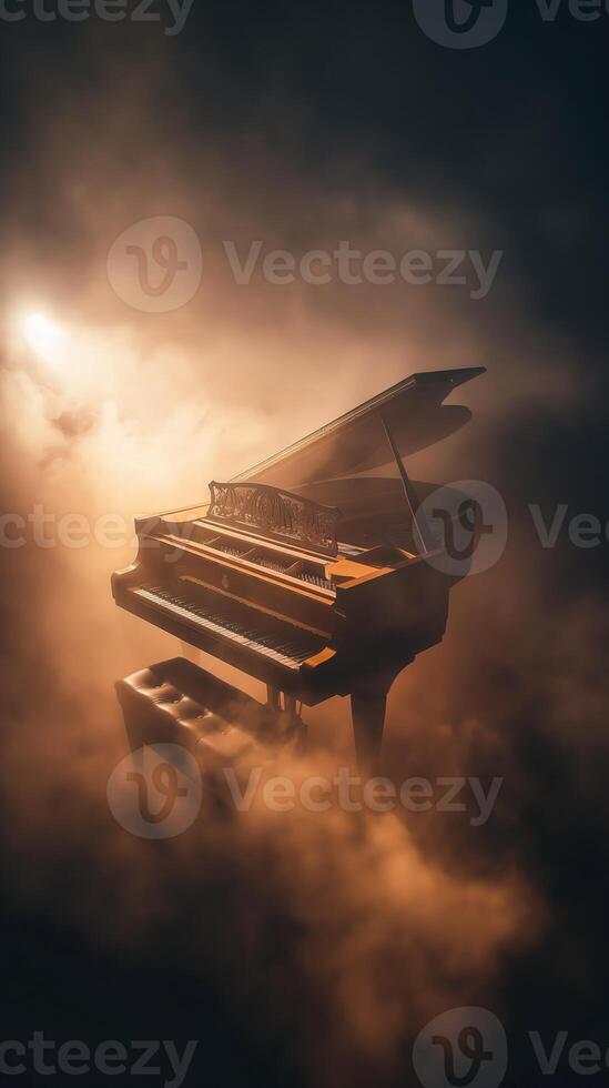 Grand piano in foggy spotlight on smoky stage, creating a dramatic and theatrical musical atmosphere photo