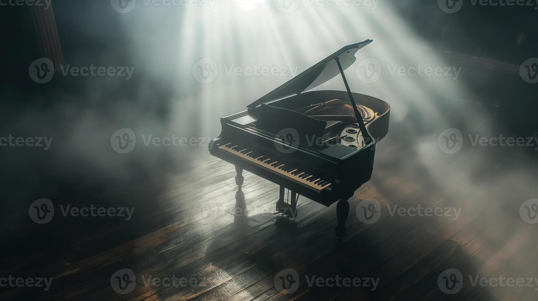 Grand piano in foggy spotlight on smoky stage, creating a dramatic and theatrical musical atmosphere photo