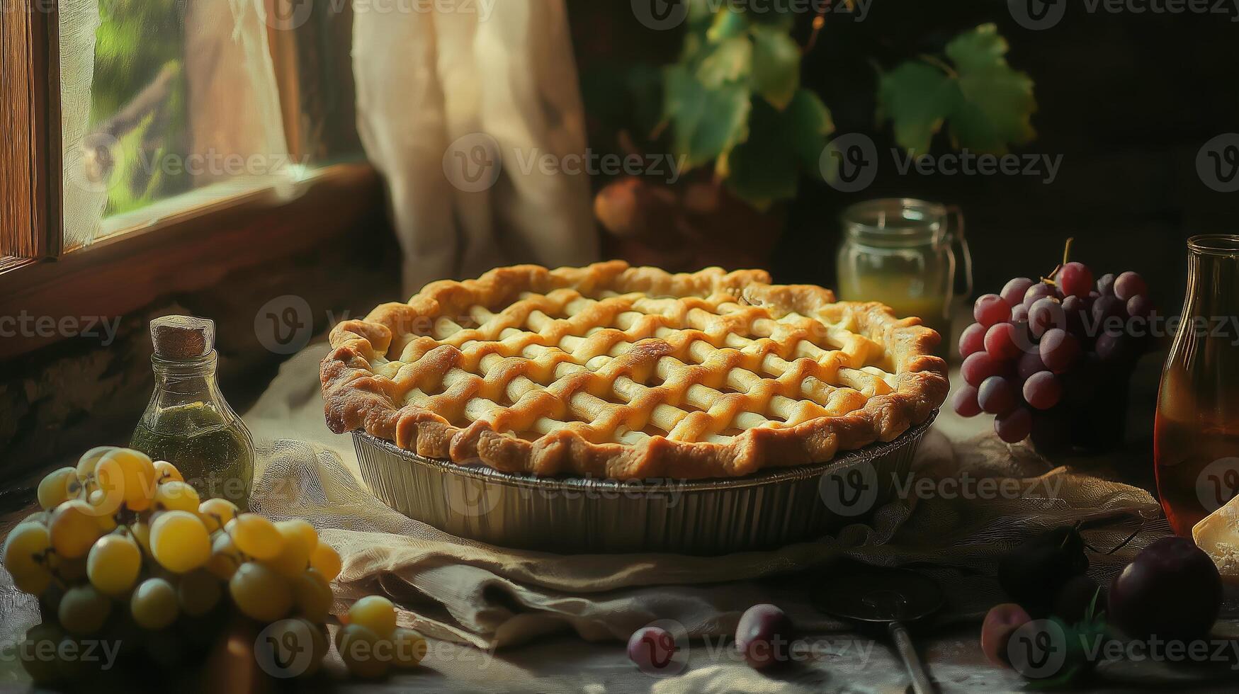 Homemade grape pie with golden lattice crust on table, food blogs, magazines, and bakery ads photo