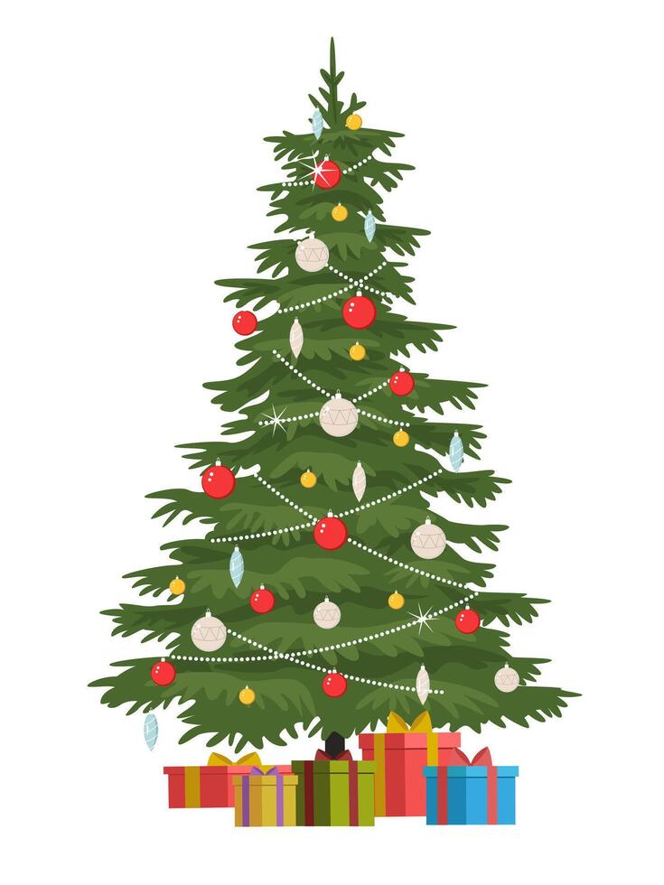 Christmas tree with Christmas balls and presents. vector