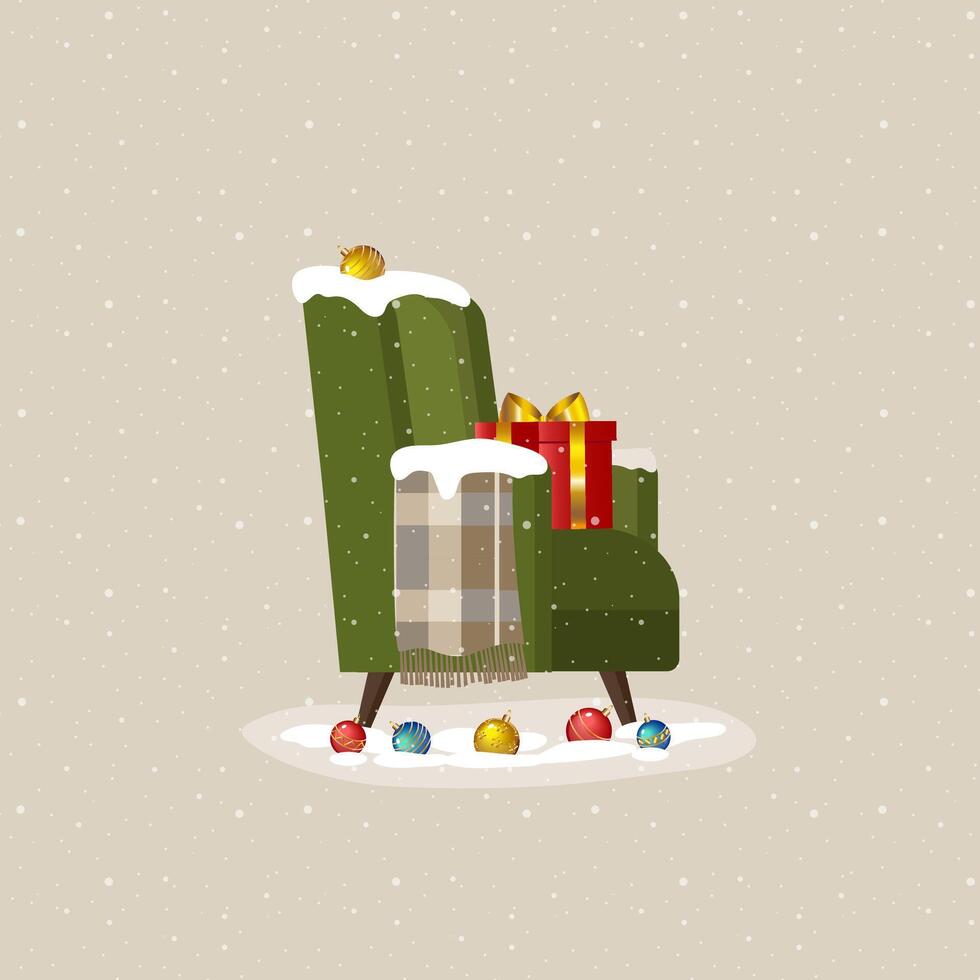 Christmas chair with Santa hat , presents and snow. Great illustration for your design. vector