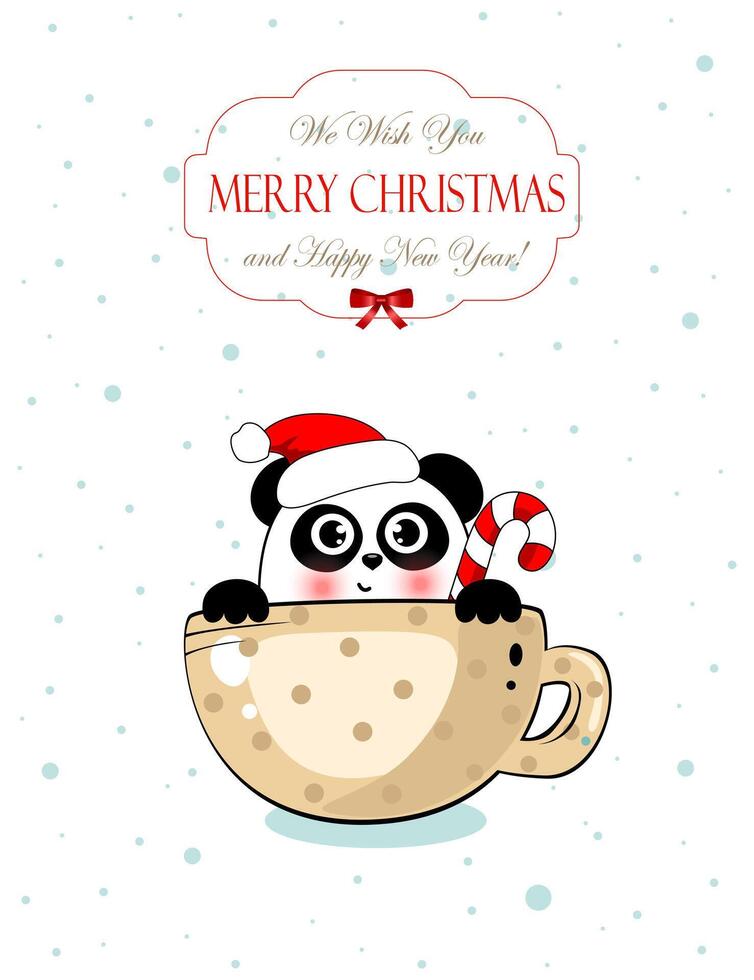 greating card with Christmas and New Year. Panda with candy in Santa hat in cup. vector