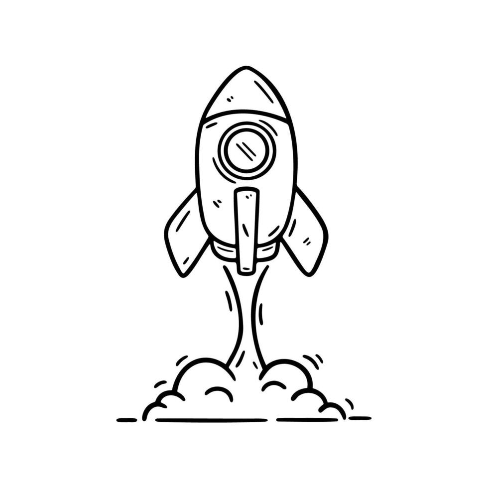 Minimalist black and white doodle of a rocket launching with smoke trails. Ideal for children's books, educational materials, or creative space themed designs in digital and print media vector