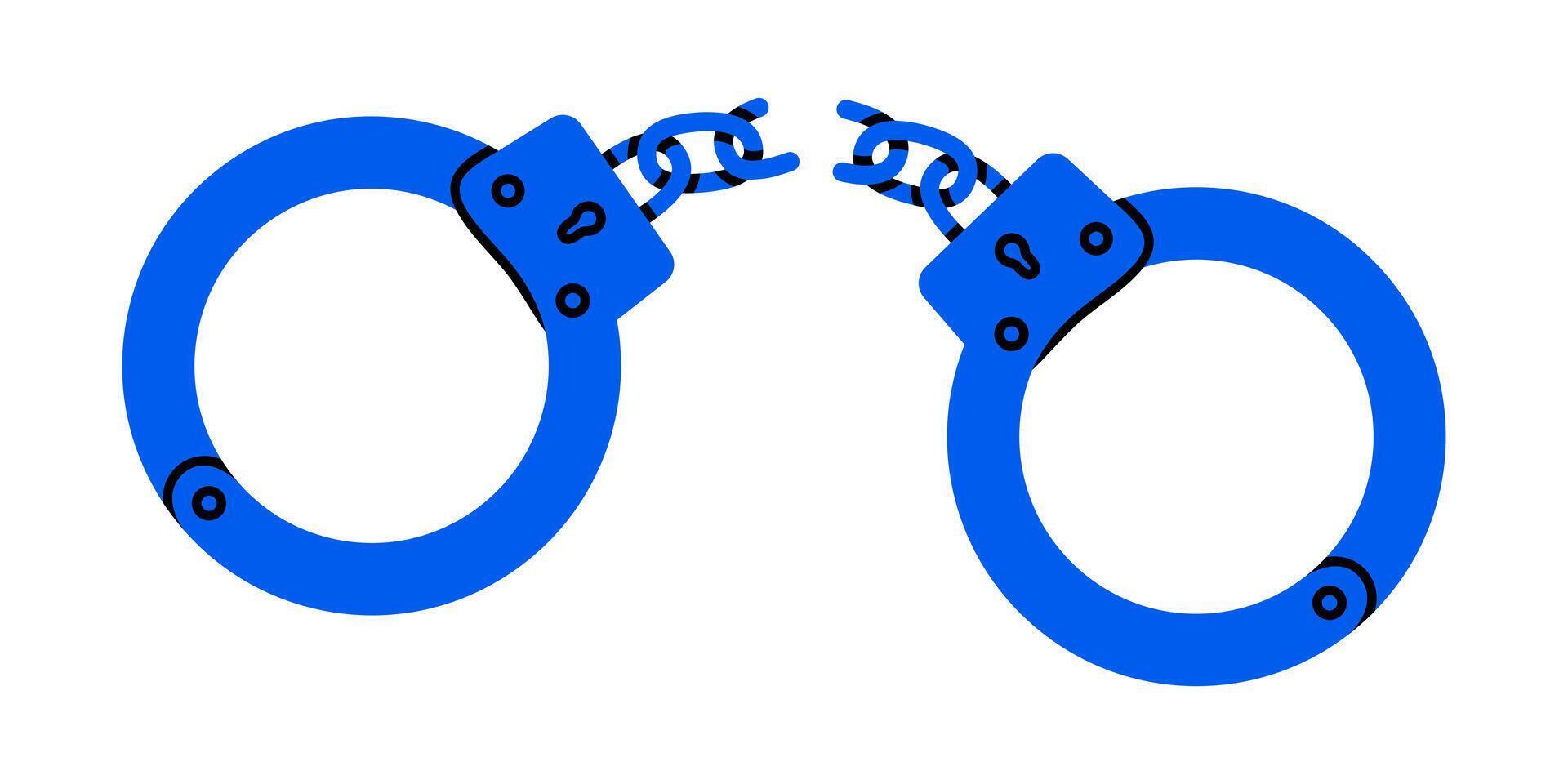 Hand drawn cute cartoon illustration of broken handcuffs. Flat freedom concept in doodle style. Slavery or habit liberation icon or print. Justice and law. Metal chain. Break free. Isolated. vector
