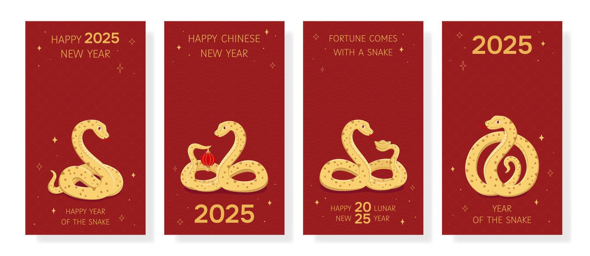 Set of Chinese New Year cards for festive posts and stories. Social media templates for New Year 2025. Holiday background for greeting card, invitation. Illustrations in red and gold colors vector