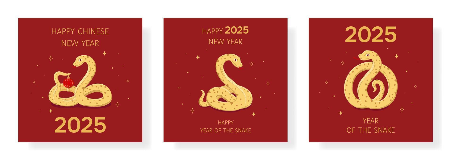 New Year 2025 cards set in red and gold colors with snake. Chinese zodiac Snake symbol of the year. Lunar New Year concept. Template of cover,card,poster,flyer vector