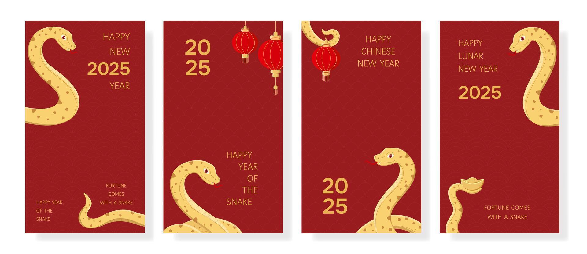 Social media templates for holiday stories. Cute snake illustrations in red and gold colors. Chinese New Year cards set for holiday posts and stories. Festive background for envelope design, flyer vector