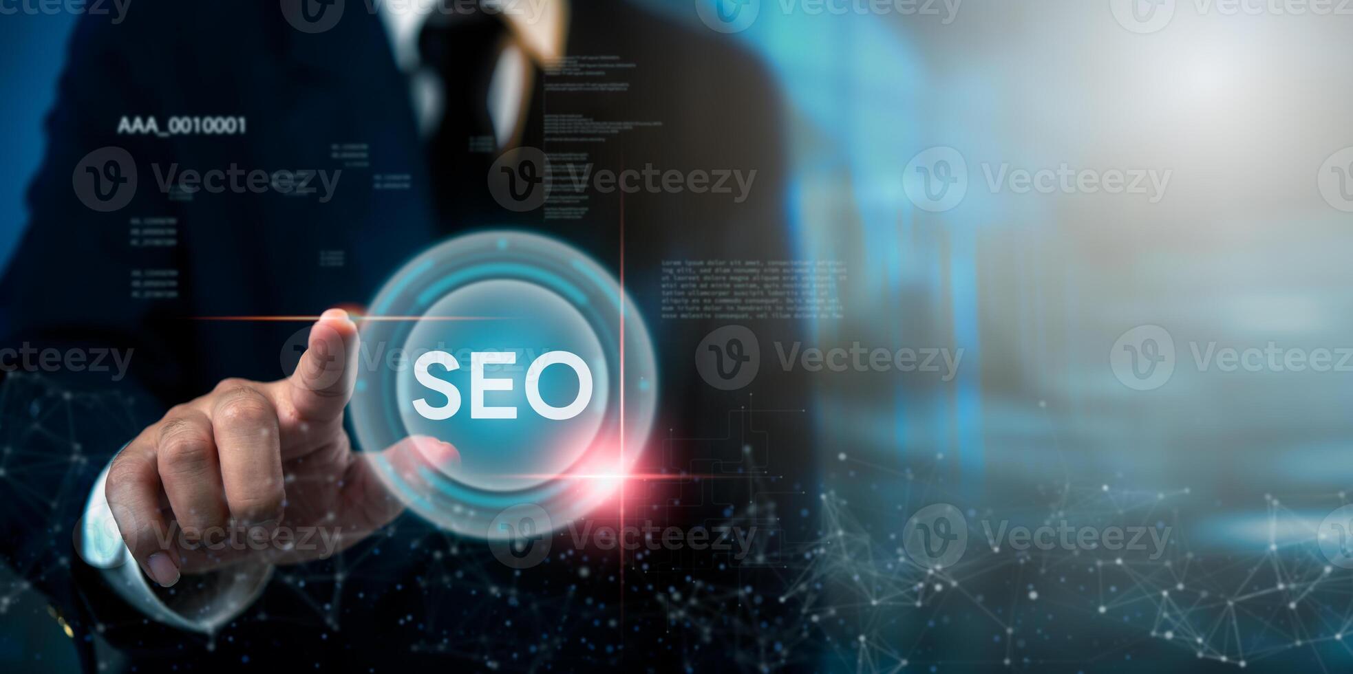 Seo business man touching seo button on digital screen photo