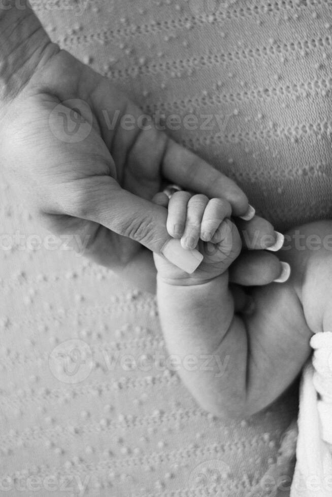 A black and white photo of a baby holding its hand