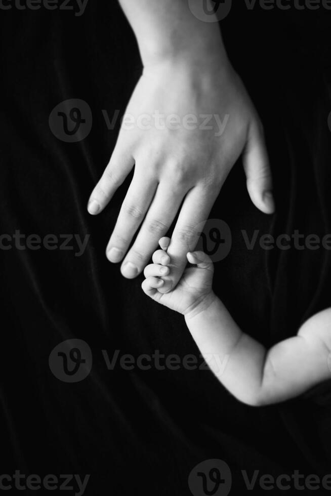 A black and white photo of a baby's hand holding a hand