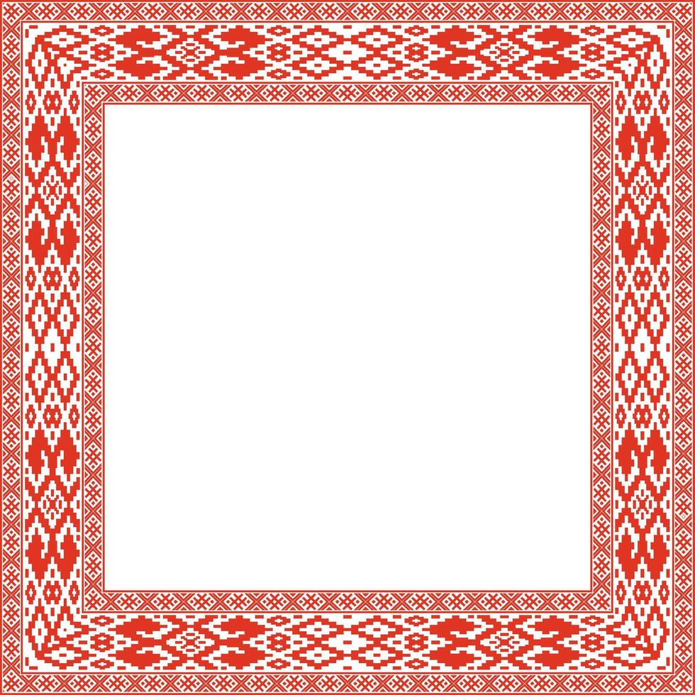 red green square belarusian national ornament frame. Ethnic pattern rectangle of Slavic peoples, Russian, Ukrainian, Serb, Pole, Bulgarian. Cross stitch template vector
