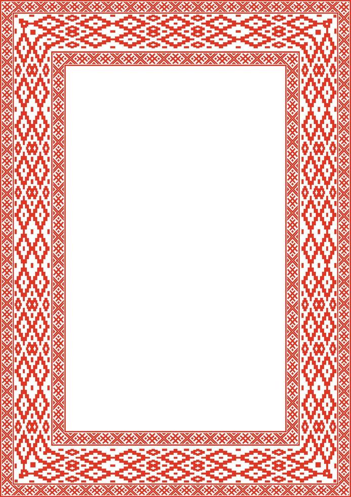 red green square belarusian national ornament frame. Ethnic pattern rectangle of Slavic peoples, Russian, Ukrainian, Serb, Pole, Bulgarian. Cross stitch template vector