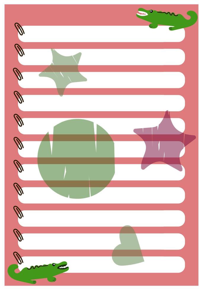 Notebook page design, template with stars, love and circles. Cute crocodile, Paper diary background, journal, notebook. Colored flat illustration vector
