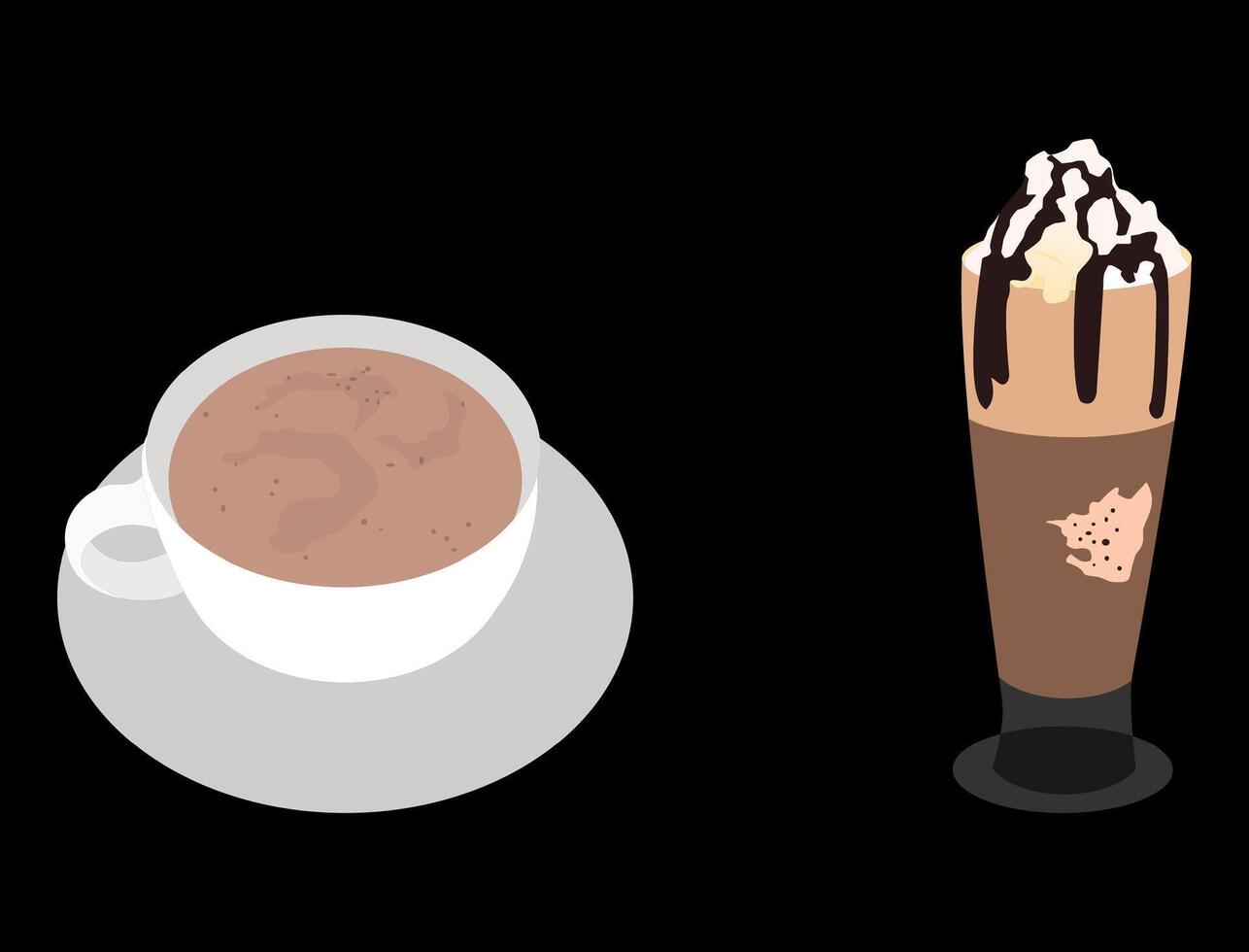 hot chocolate milk and iced chocolate with milk and cream until it spills, happy, relax. black background vector