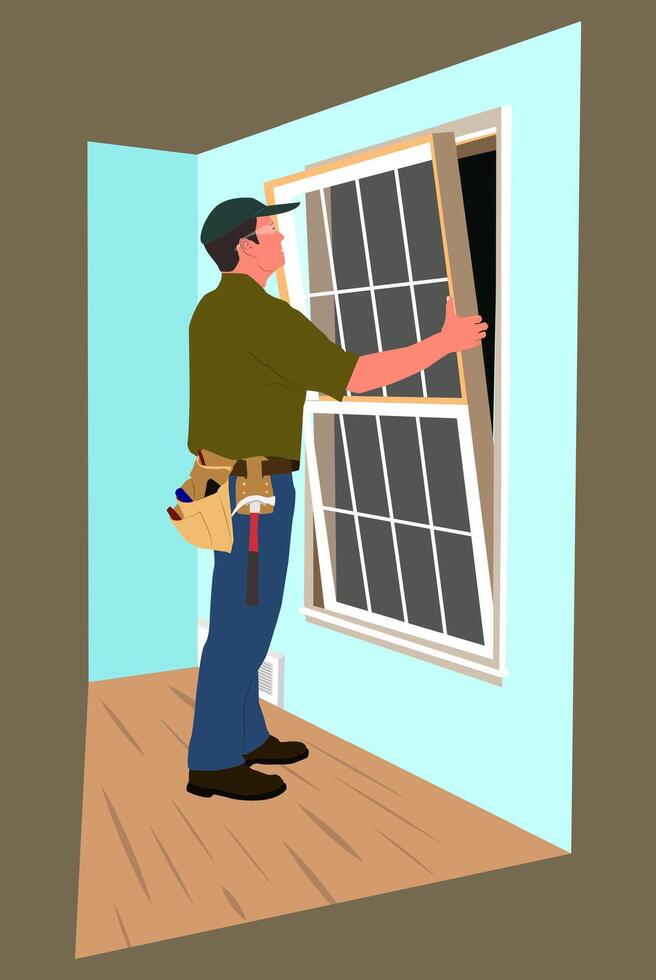 Home window installation. Workers inspect, repair and install. Flat illustration isolated on white background vector