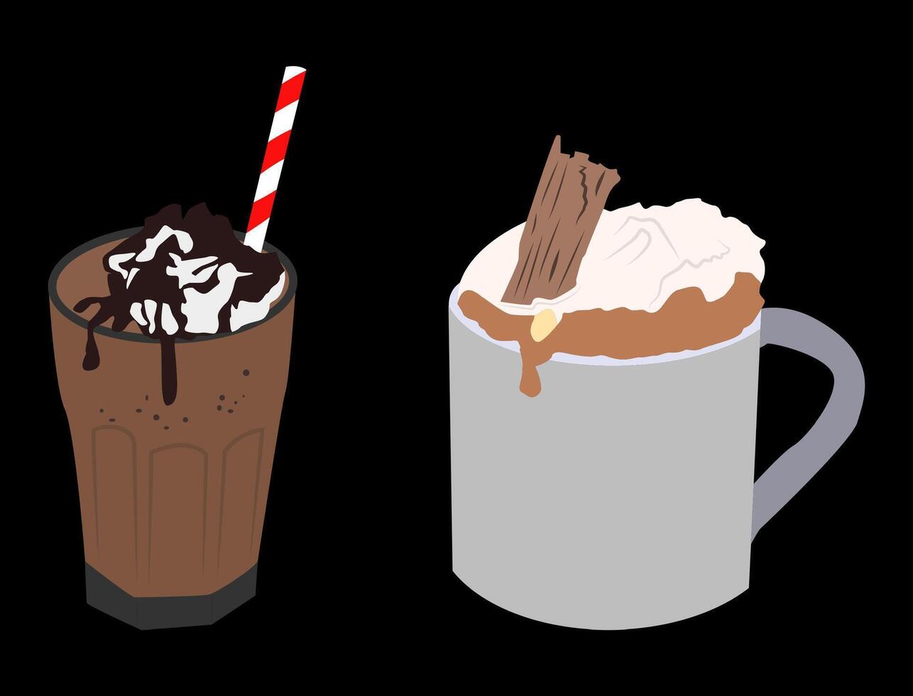 cold chocolate with chocolate milk spread and hot chocolate with white milk and cinnamon, happy and relax. black background vector