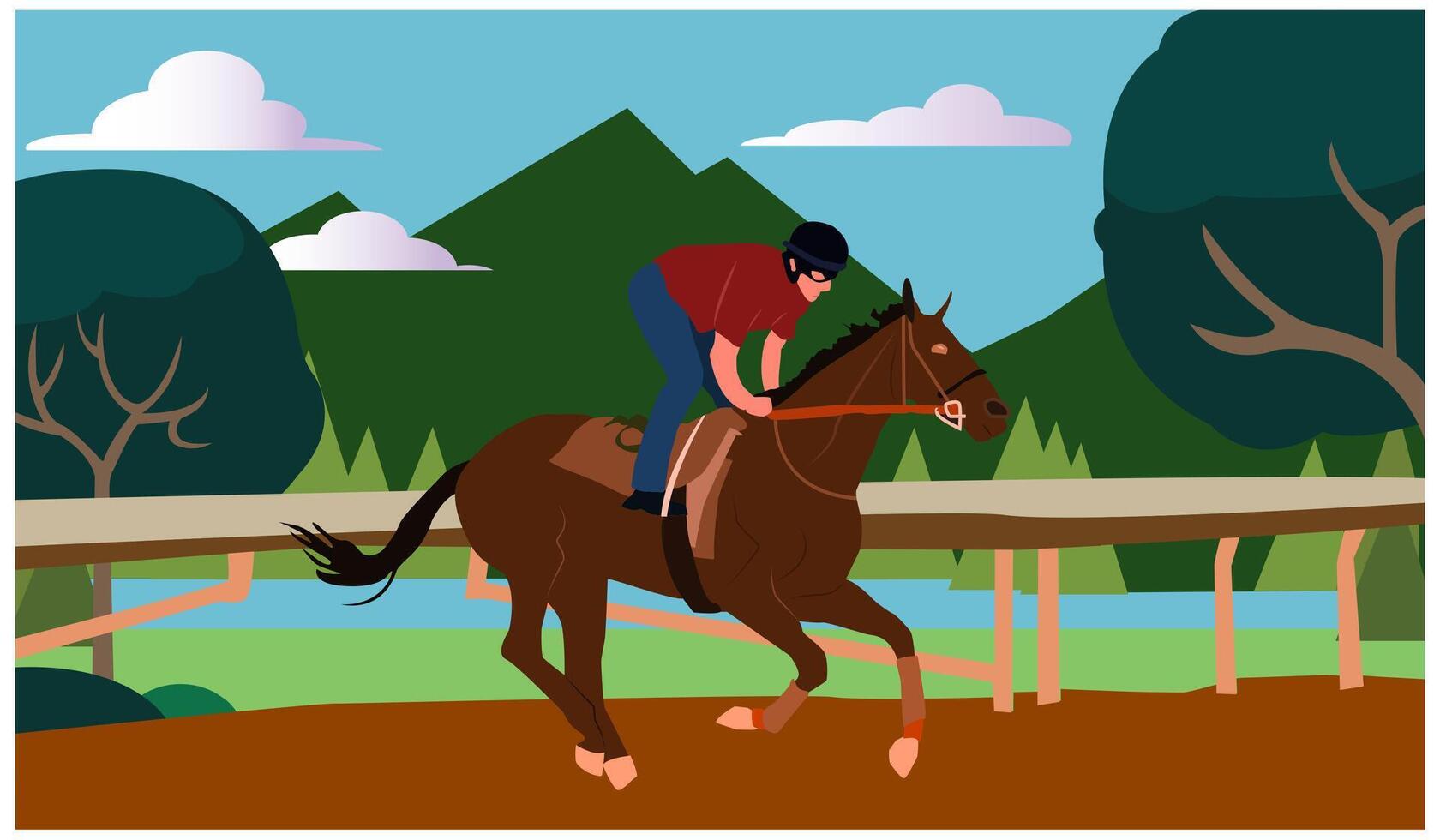 riding a racehorse. Horse riding, training for a racehorse in a mountainous countryside area. Horse racing, equestrian sport. Flat illustration isolated on white background vector