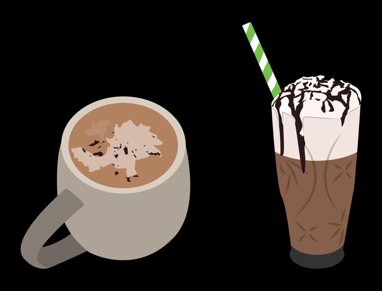 hot chocolate with cinnamon sprinkles and thick chocolate ice that overflows. happy, relax. black background vector