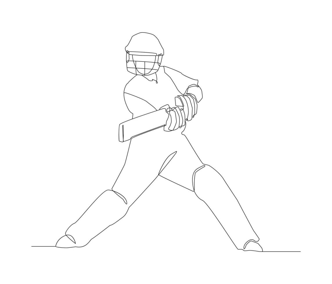 Cricket Sport, One Line Drawing Reacting, Cricket Stroke, Continuous Line Art Batsman Playing Sweep Stroke, Batsman Performing Sweep Stroke, white background vector