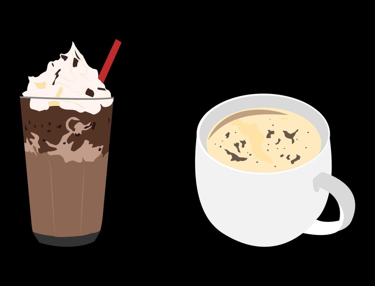 iced chocolate drink with vanilla cream and hot chocolate sprinkled with chocolate bar flakes. happy, relax. black background vector